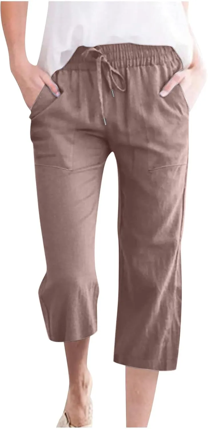 Capri Pants for Women Plus Size Linen Pant with Pockets Drawstring Cropped Trousers Casual Elastic Waist Pant 2025