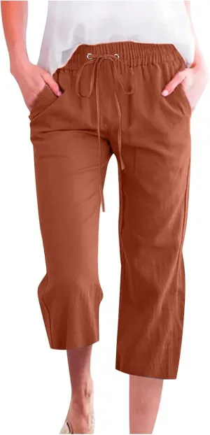 Capri Pants for Women Plus Size Linen Pant with Pockets Drawstring Cropped Trousers Casual Elastic Waist Pant 2025