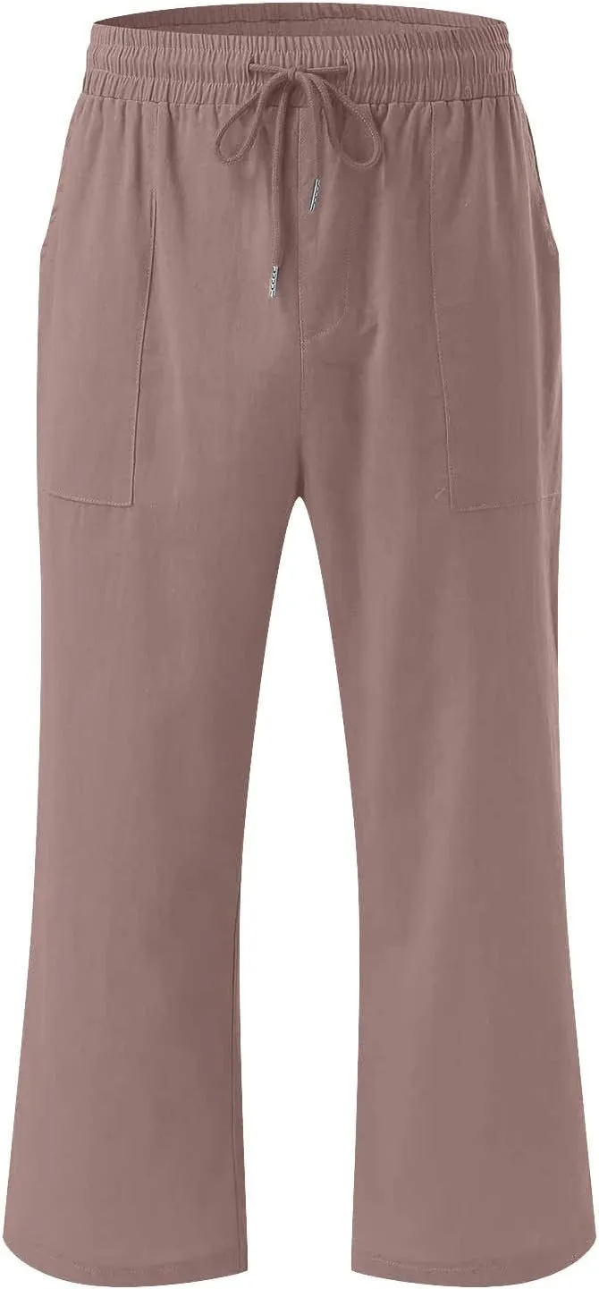 Capri Pants for Women Plus Size Linen Pant with Pockets Drawstring Cropped Trousers Casual Elastic Waist Pant 2025