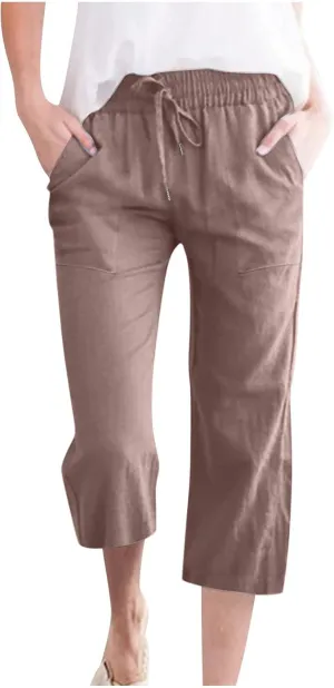 Capri Pants for Women Plus Size Linen Pant with Pockets Drawstring Cropped Trousers Casual Elastic Waist Pant 2025