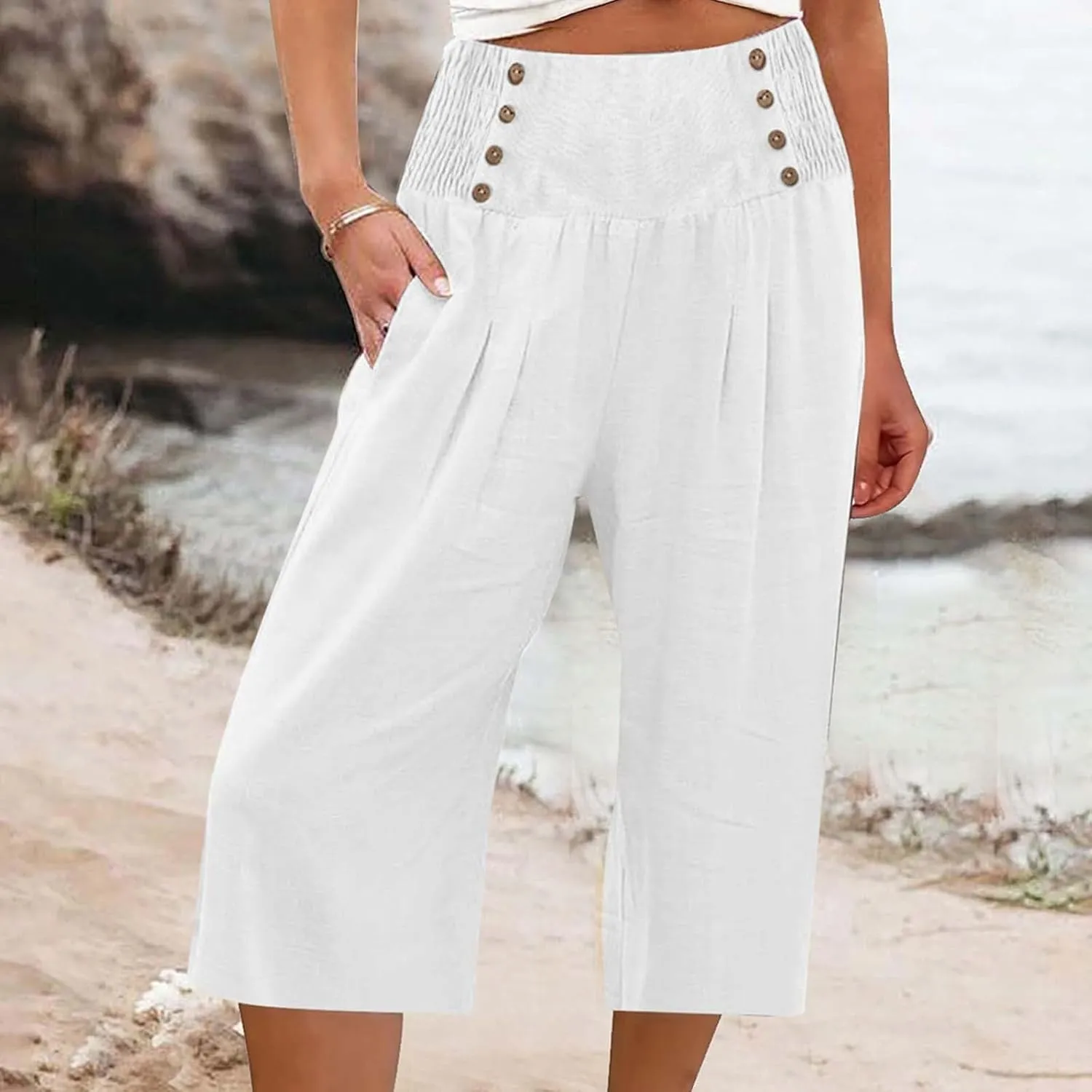 Capri Pants for Women Wide Leg Casual Summer Palazzo Pant Elastic High Waisted Flowy Lounge Beach Trouser with Pocket