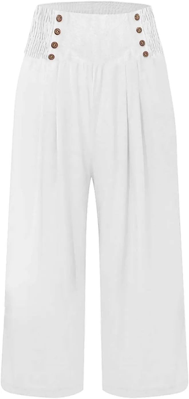 Capri Pants for Women Wide Leg Casual Summer Palazzo Pant Elastic High Waisted Flowy Lounge Beach Trouser with Pocket