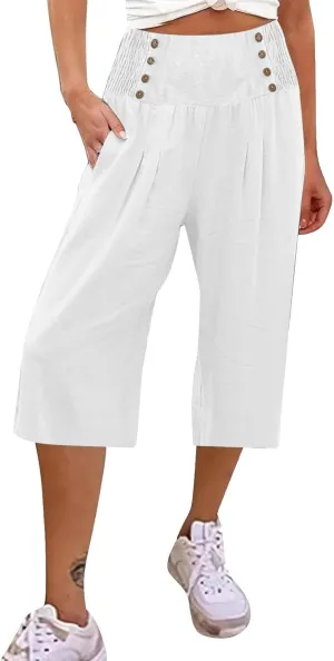 Capri Pants for Women Wide Leg Casual Summer Palazzo Pant Elastic High Waisted Flowy Lounge Beach Trouser with Pocket
