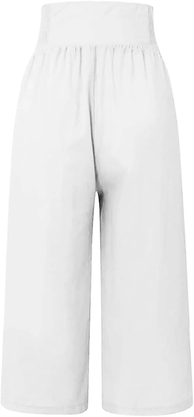 Capri Pants for Women Wide Leg Casual Summer Palazzo Pant Elastic High Waisted Flowy Lounge Beach Trouser with Pocket