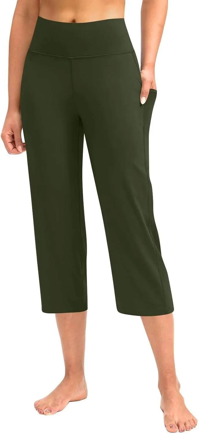 Capri Wide Leg Yoga Pants with Pockets High Waist Slacks for Women Athletic Lounge Sweatpants for Women