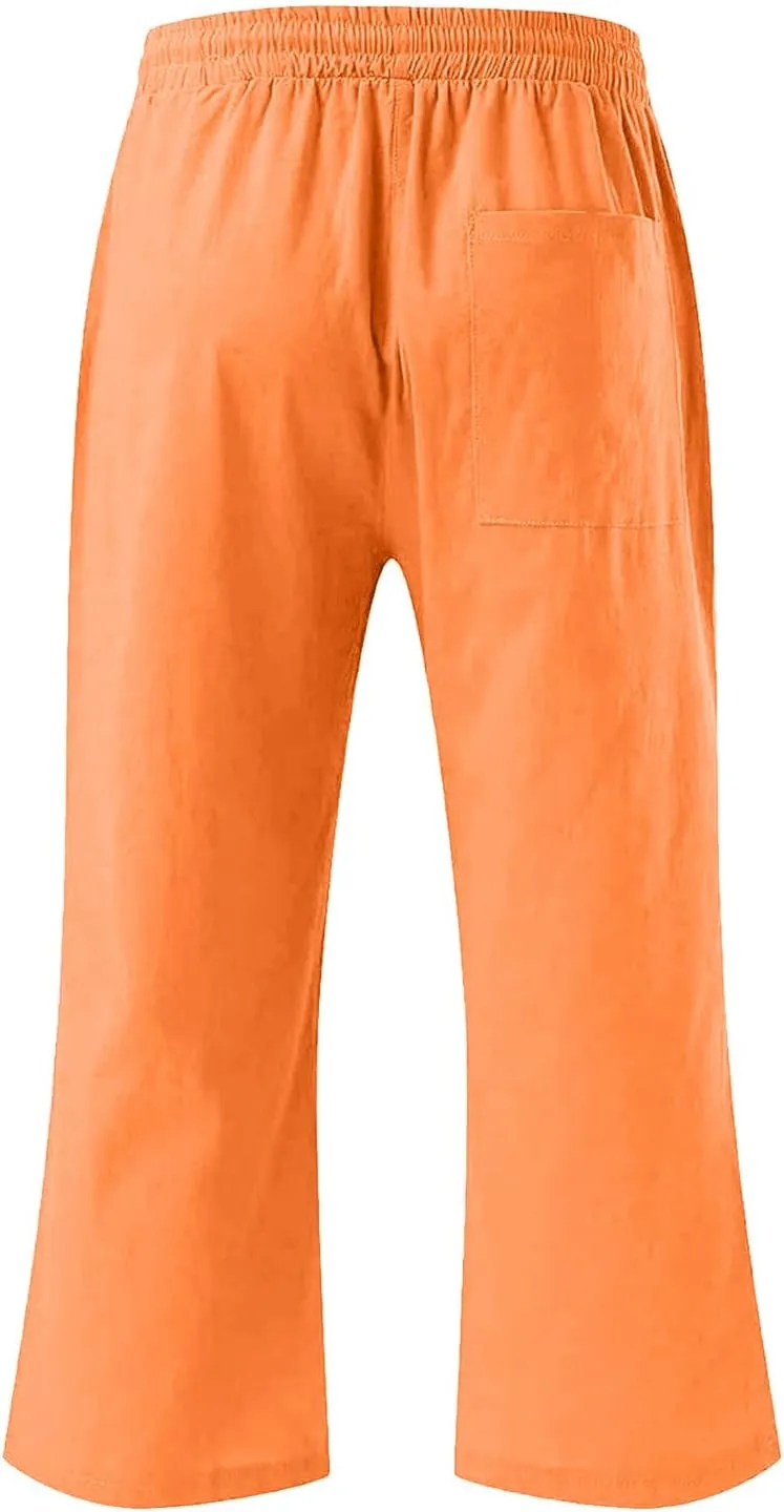 Capris Pants for Girls Summer Casual Loose Cotton Linen Straight Wide Leg Drawstring Elastic Waist Solid Cropped Pant