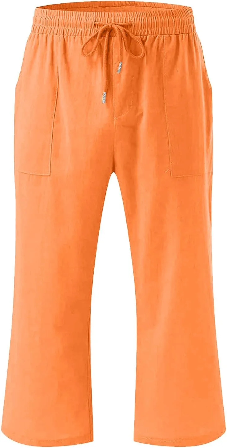 Capris Pants for Girls Summer Casual Loose Cotton Linen Straight Wide Leg Drawstring Elastic Waist Solid Cropped Pant