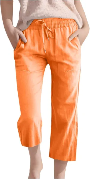 Capris Pants for Girls Summer Casual Loose Cotton Linen Straight Wide Leg Drawstring Elastic Waist Solid Cropped Pant