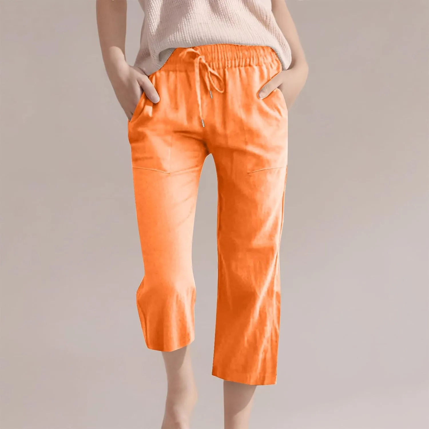 Capris Pants for Girls Summer Casual Loose Cotton Linen Straight Wide Leg Drawstring Elastic Waist Solid Cropped Pant