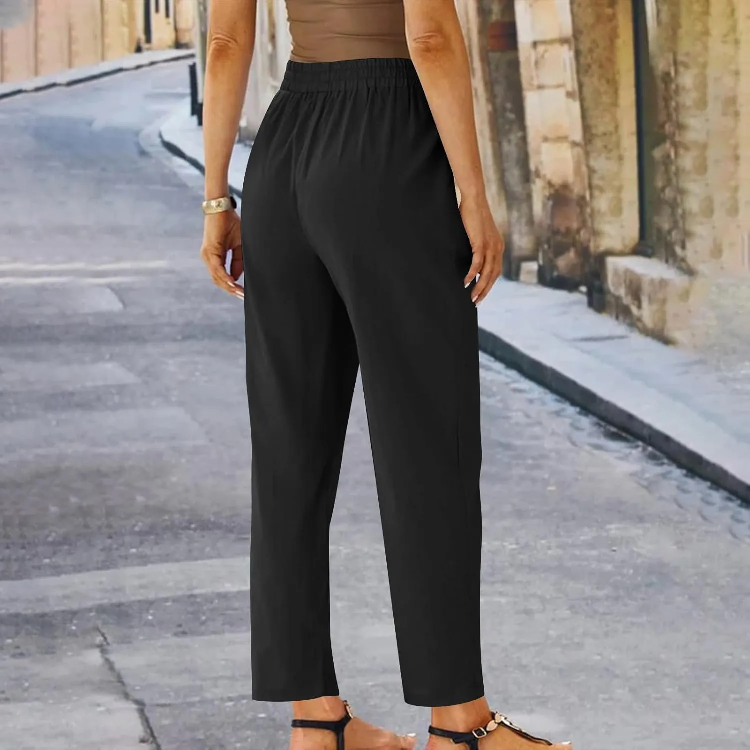 Capris Pants for Women Cotton Linen Casual Summer Straight Wide Leg Beach Drawstring Elastic Waist Cropped Trousers