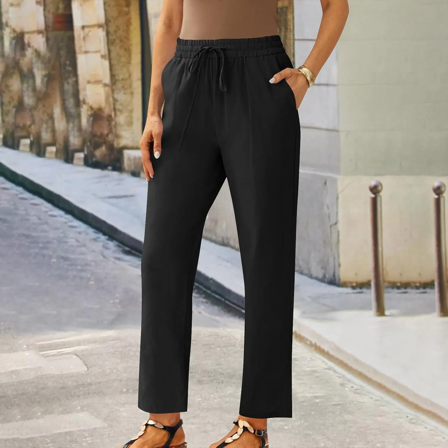 Capris Pants for Women Cotton Linen Casual Summer Straight Wide Leg Beach Drawstring Elastic Waist Cropped Trousers