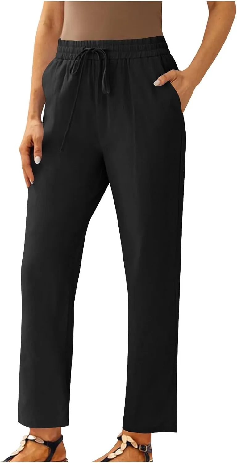 Capris Pants for Women Cotton Linen Casual Summer Straight Wide Leg Beach Drawstring Elastic Waist Cropped Trousers