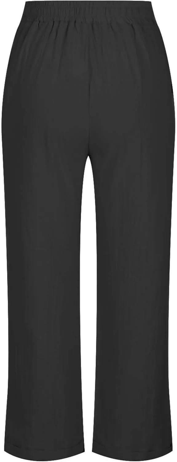 Capris Pants for Women Cotton Linen Casual Summer Straight Wide Leg Beach Drawstring Elastic Waist Cropped Trousers