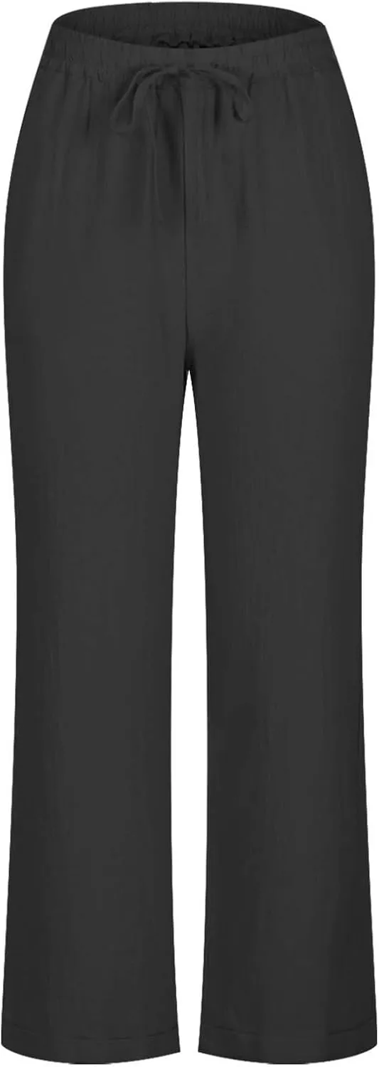 Capris Pants for Women Cotton Linen Casual Summer Straight Wide Leg Beach Drawstring Elastic Waist Cropped Trousers