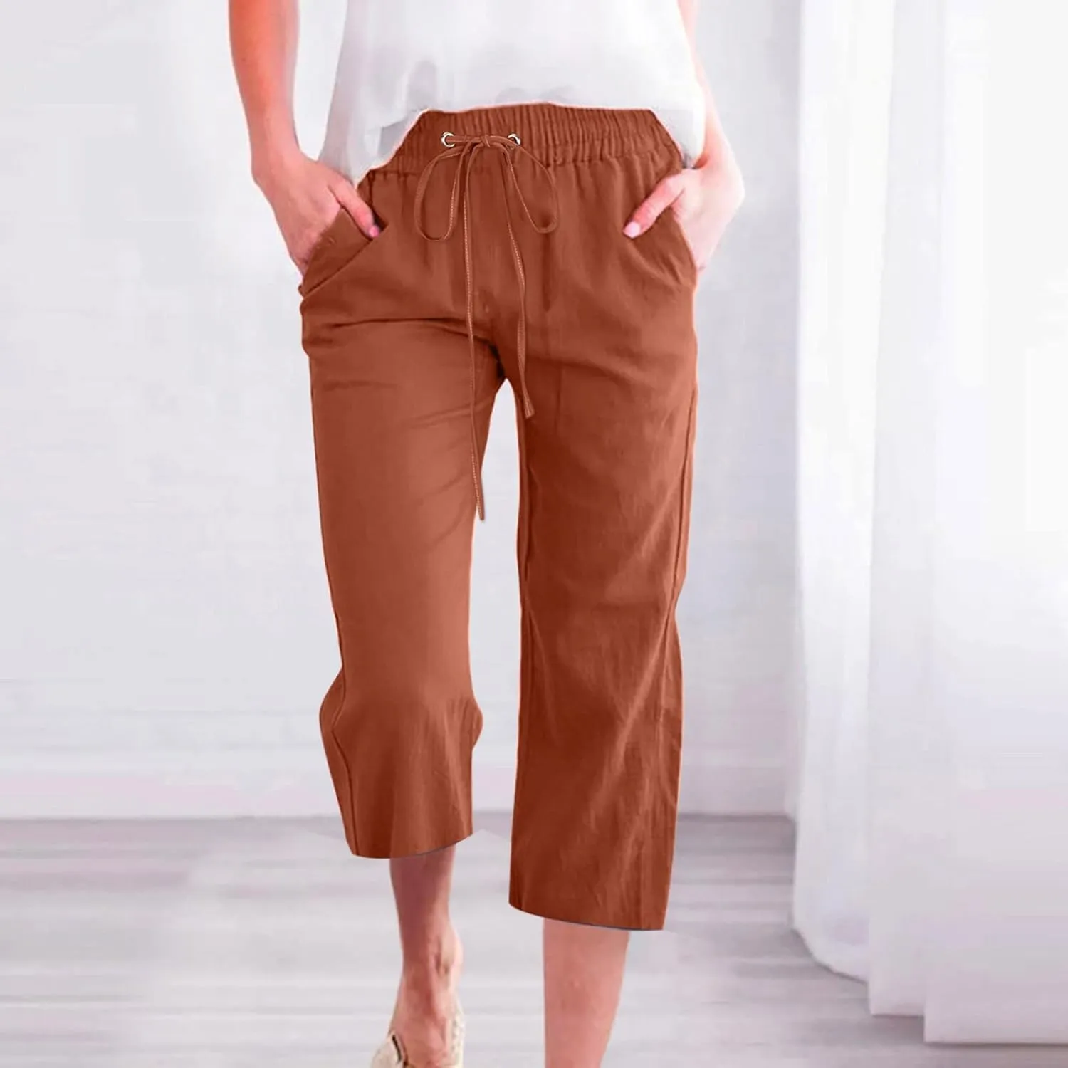 Capris Pants for Women Cotton Linen Pants Cacual Summer Drawstring Trousers Womens Capris for Summer Clearance