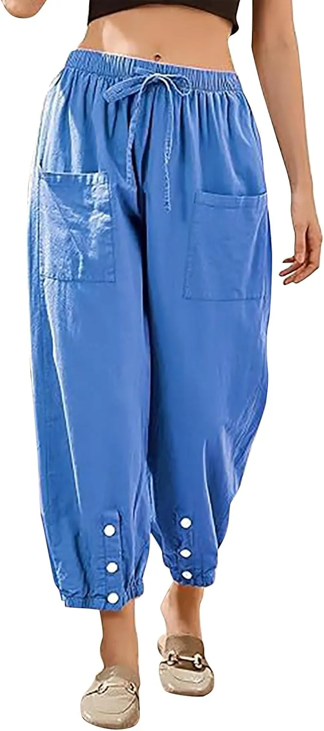 Casual Baggy Harem Pants for Women Elastic High Waisted Summer Lounge Trousers Lantern Barrel Pants with Front Pocket