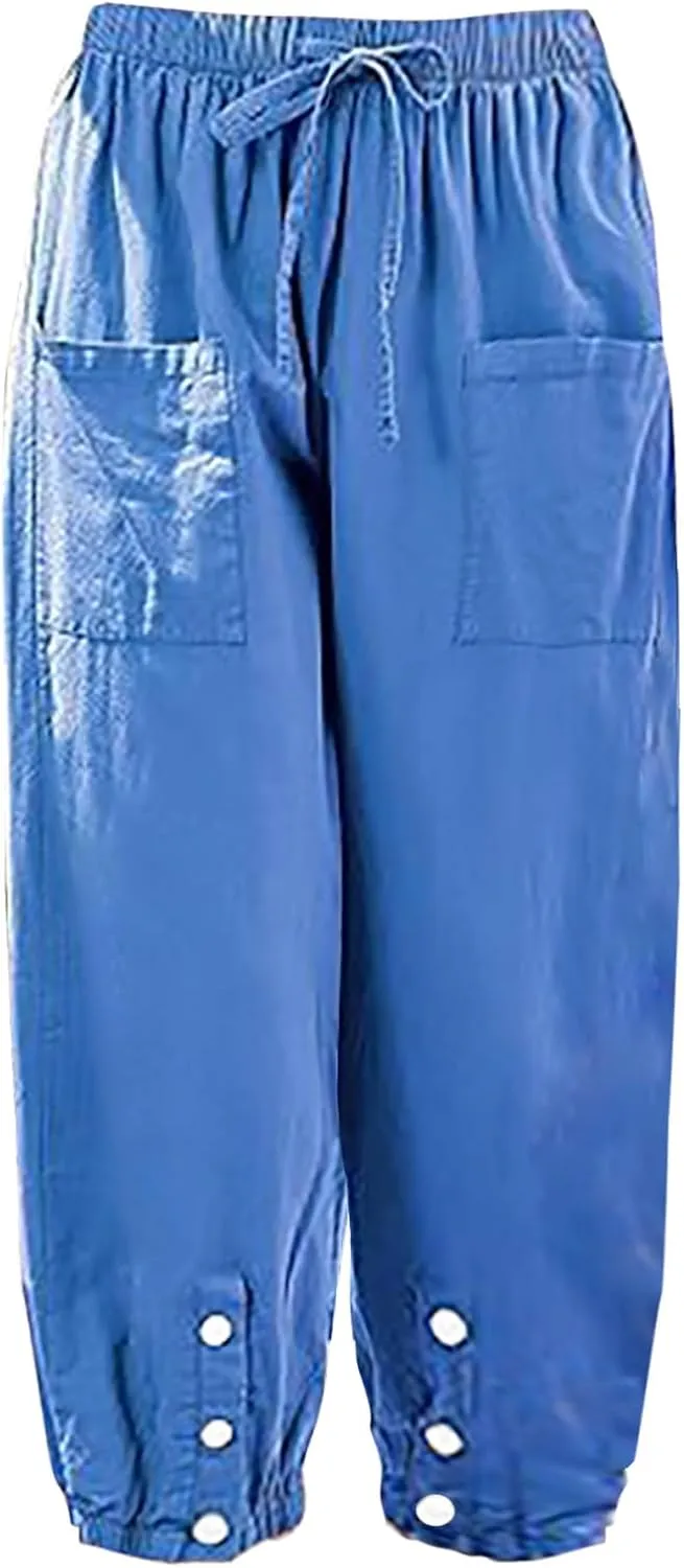 Casual Baggy Harem Pants for Women Elastic High Waisted Summer Lounge Trousers Lantern Barrel Pants with Front Pocket