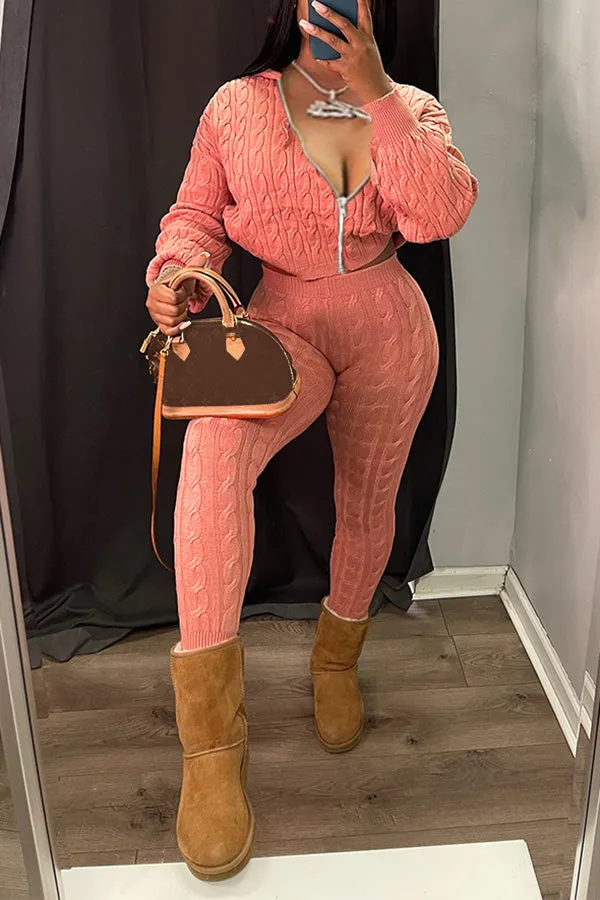 Casual Knit Zip Up Top & Pants Set