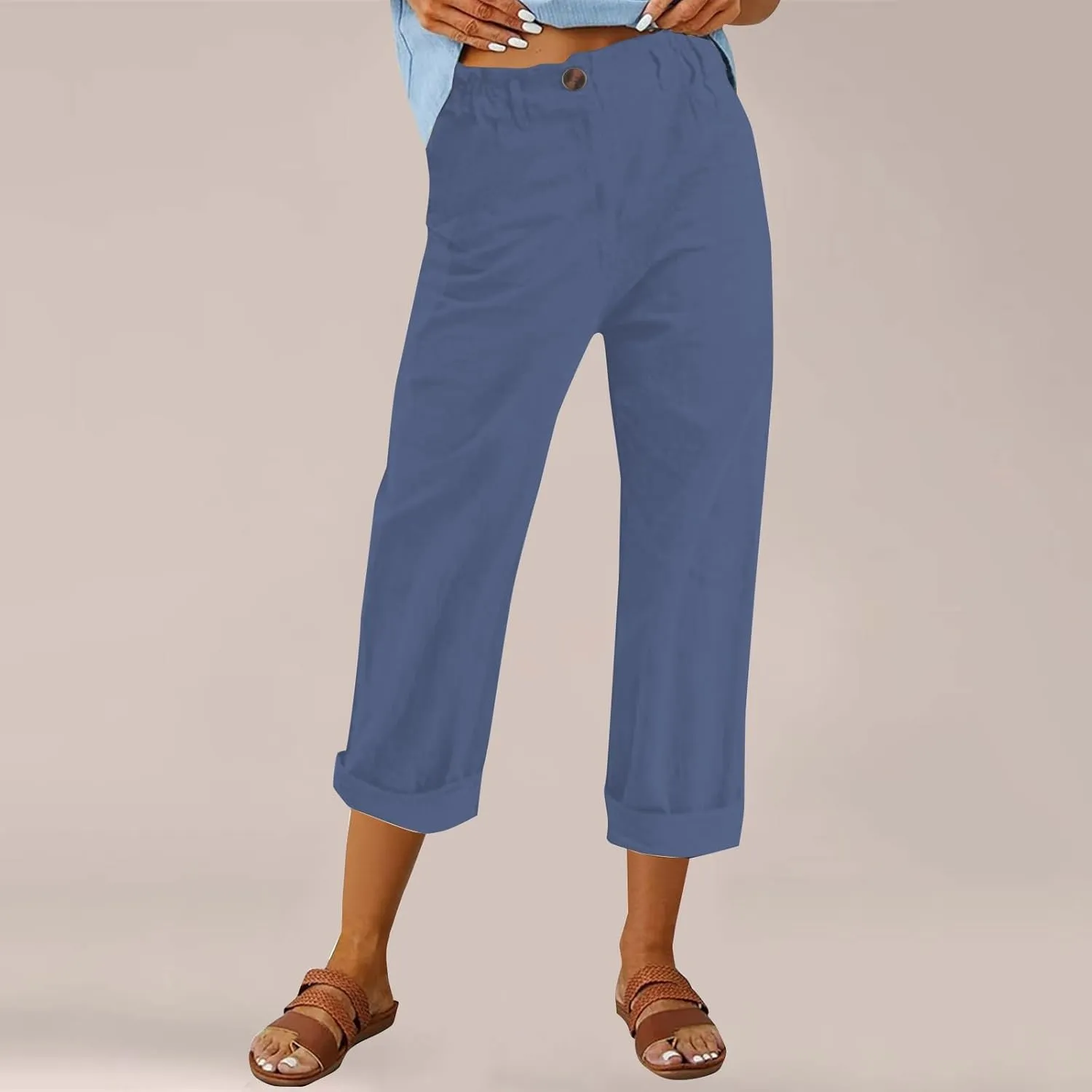 Casual Straight Leg Linen Pants for Women Lightweight Elastic Waist Lounge Pants Summer Beach Trousers with Pockets