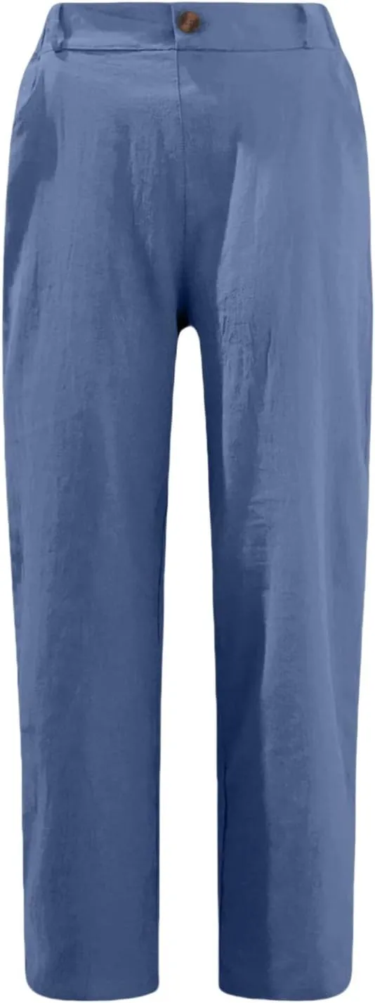 Casual Straight Leg Linen Pants for Women Lightweight Elastic Waist Lounge Pants Summer Beach Trousers with Pockets