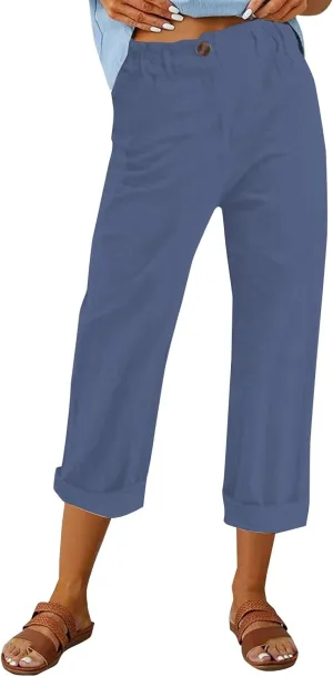 Casual Straight Leg Linen Pants for Women Lightweight Elastic Waist Lounge Pants Summer Beach Trousers with Pockets