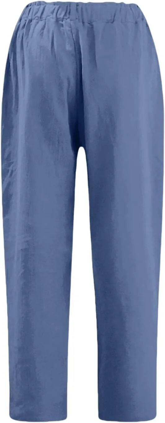 Casual Straight Leg Linen Pants for Women Lightweight Elastic Waist Lounge Pants Summer Beach Trousers with Pockets