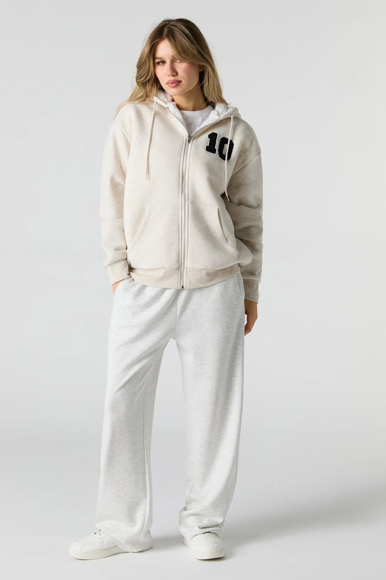 Chenille Embroidered Faux Fur Lined Fleece Hoodie