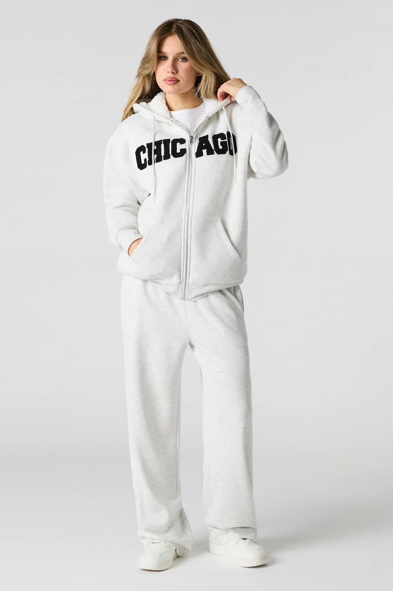 Chenille Embroidered Faux Fur Lined Fleece Hoodie