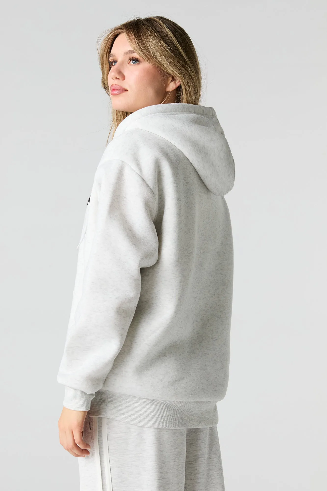 Chenille Embroidered Faux Fur Lined Fleece Hoodie