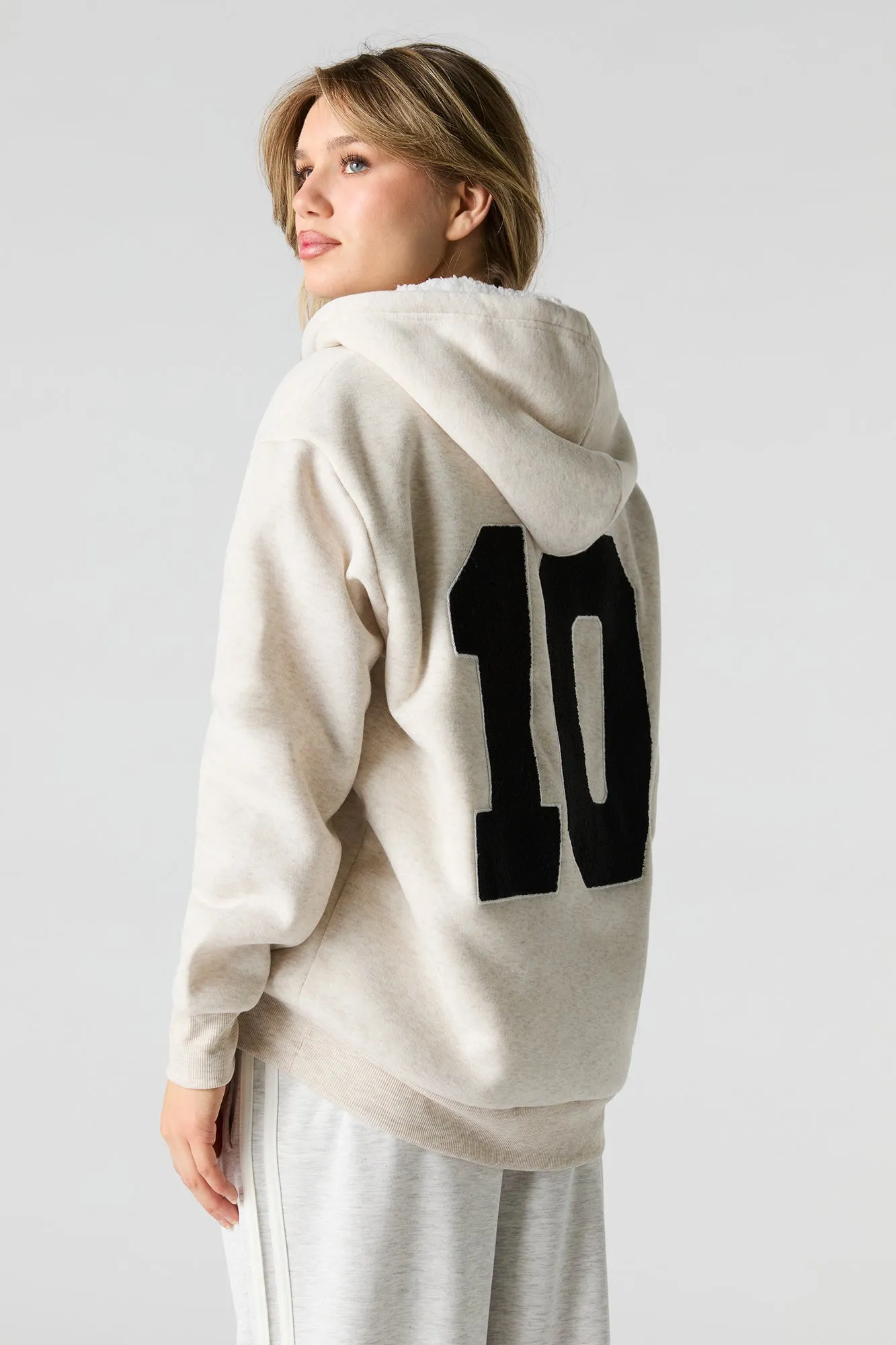 Chenille Embroidered Faux Fur Lined Fleece Hoodie