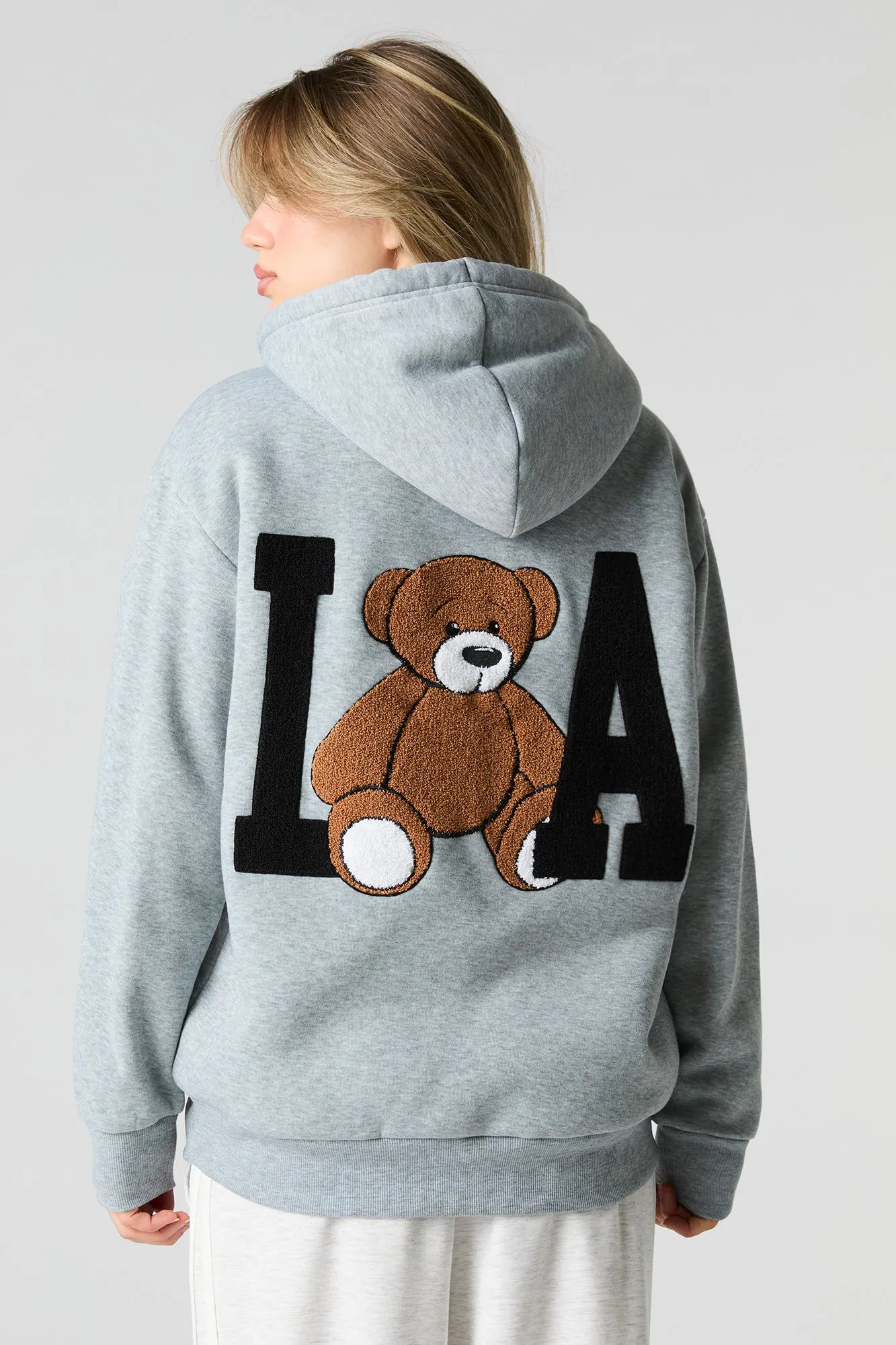 Chenille Embroidered Faux Fur Lined Fleece Hoodie