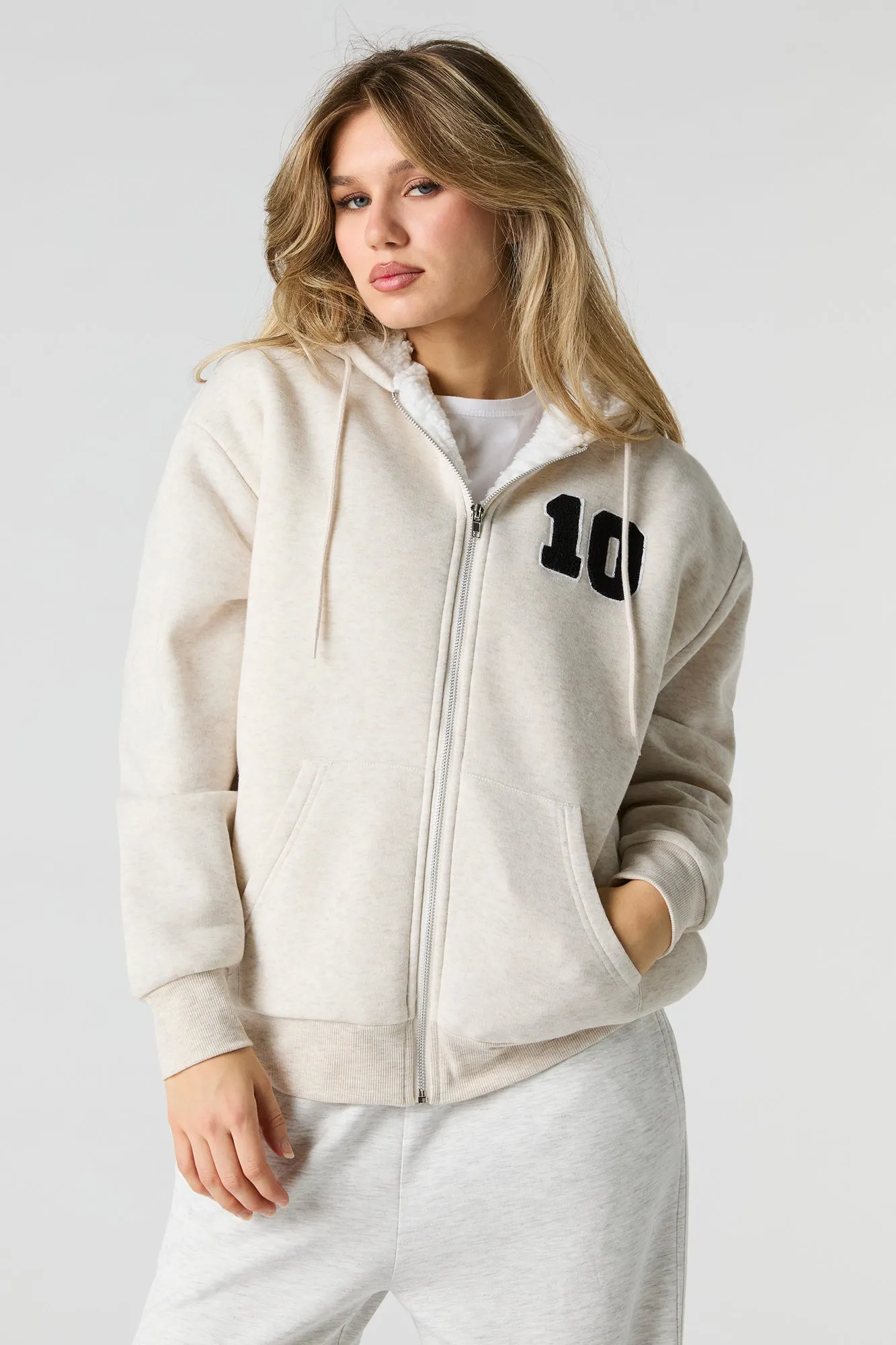 Chenille Embroidered Faux Fur Lined Fleece Hoodie