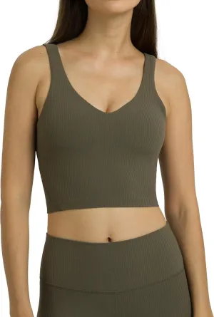 Colorfulkoala Women's Dreamlux Ribbed V-Neck Workout Tank Top with Built-in Shelf Bra Padded Cropped Yoga Shirts
