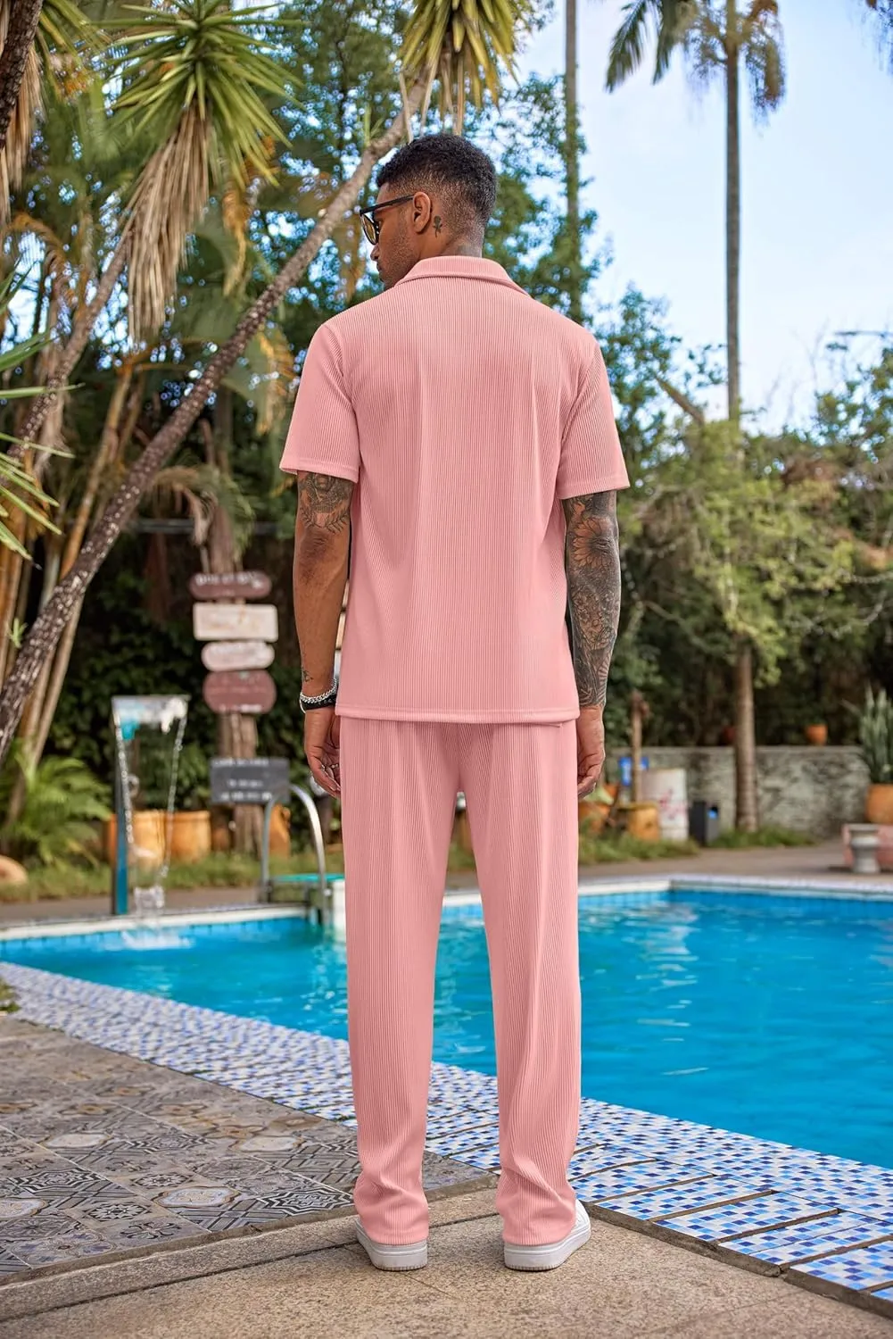 COOFANDY Men's 2 Piece Outfit Casual Short Sleeve Button Down Shirt Beach Summer Loose Pant Sets