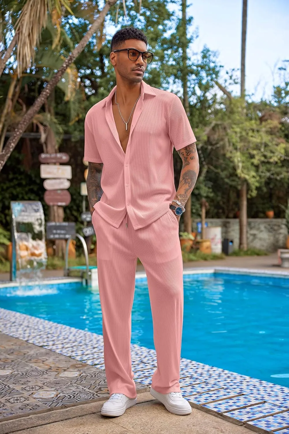 COOFANDY Men's 2 Piece Outfit Casual Short Sleeve Button Down Shirt Beach Summer Loose Pant Sets