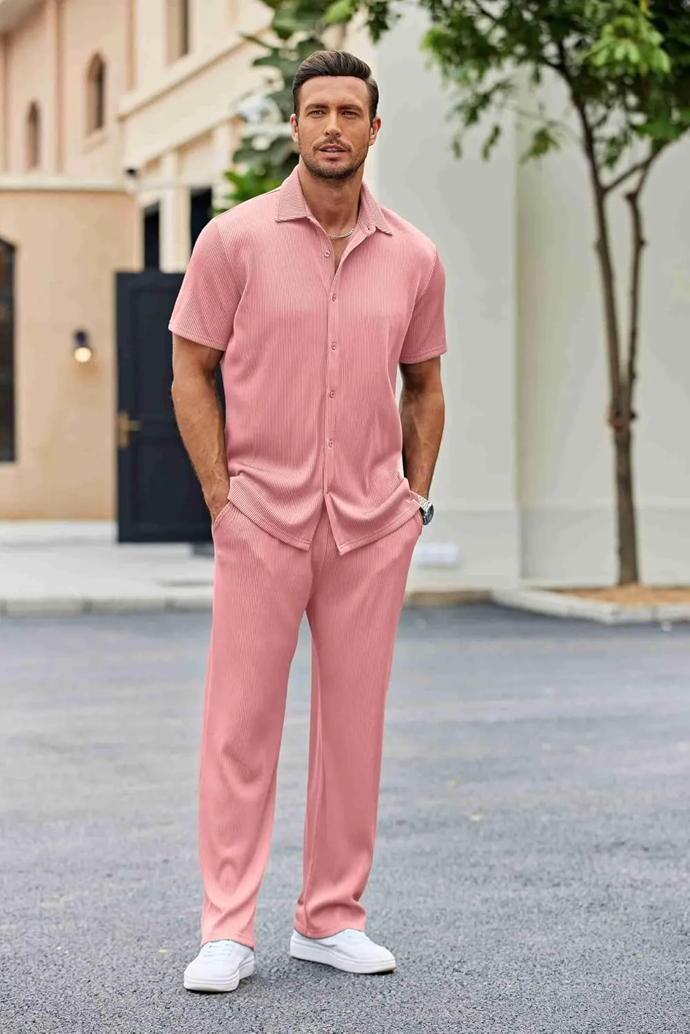 COOFANDY Men's 2 Piece Outfit Casual Short Sleeve Button Down Shirt Beach Summer Loose Pant Sets