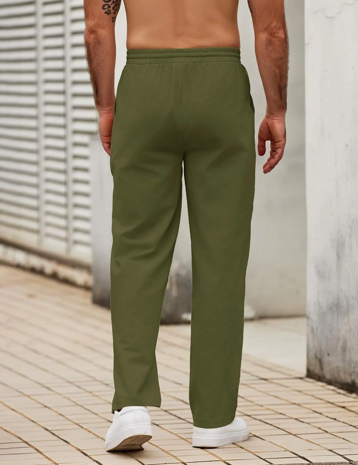 COOFANDY Men's Casual Cotton Pants Elastic Waist Drawstring Linen Beach Summer Pants Lightweight Yoga Trousers