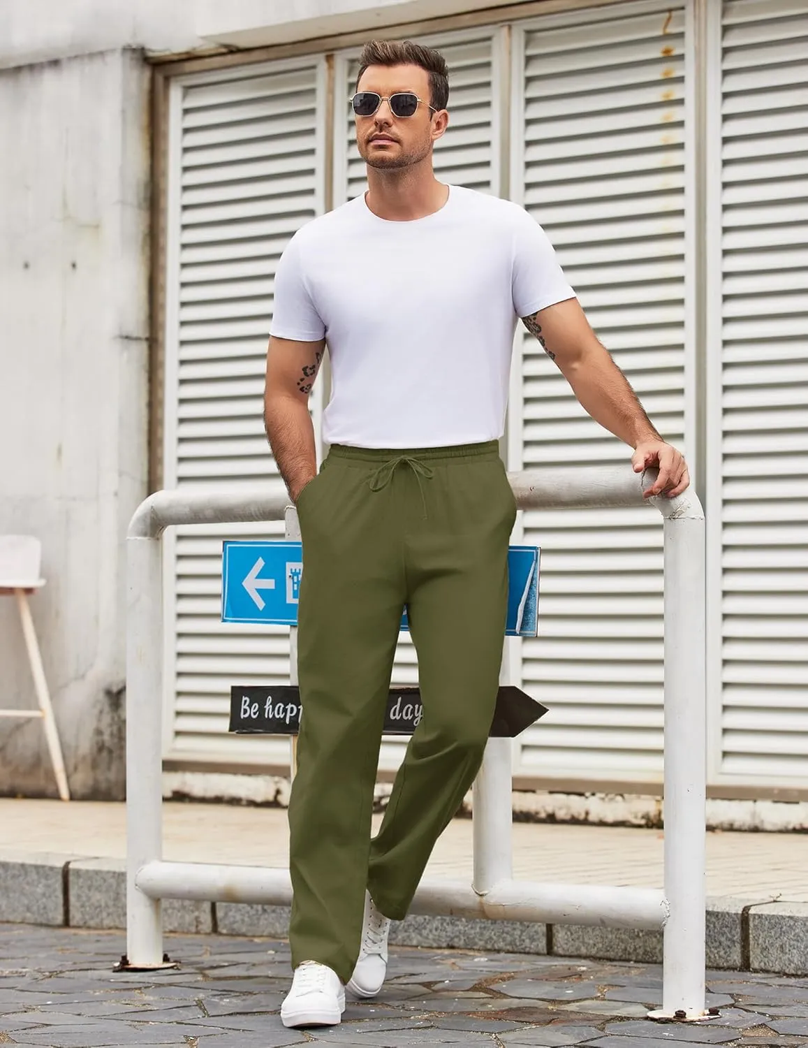 COOFANDY Men's Casual Cotton Pants Elastic Waist Drawstring Linen Beach Summer Pants Lightweight Yoga Trousers