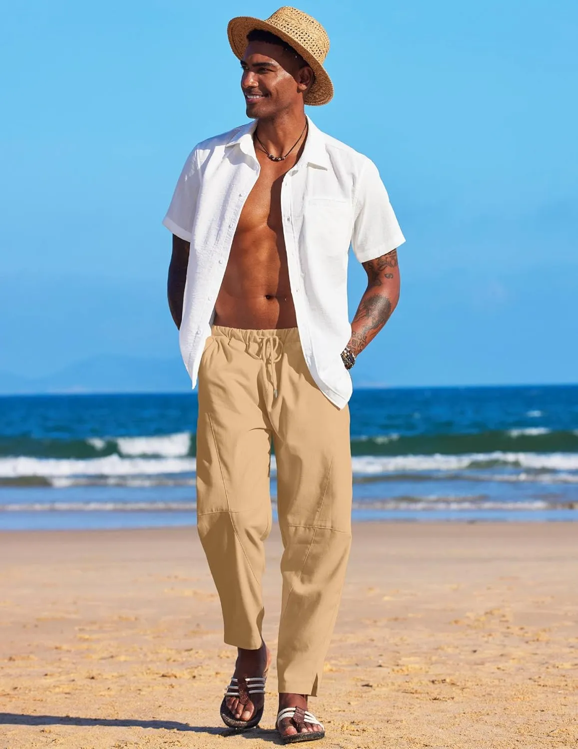 COOFANDY Men's Linen Harem Drawstring Pants Casual Elastic Waist Lightweight Trouser Hippie Summer Beach Yoga Pants