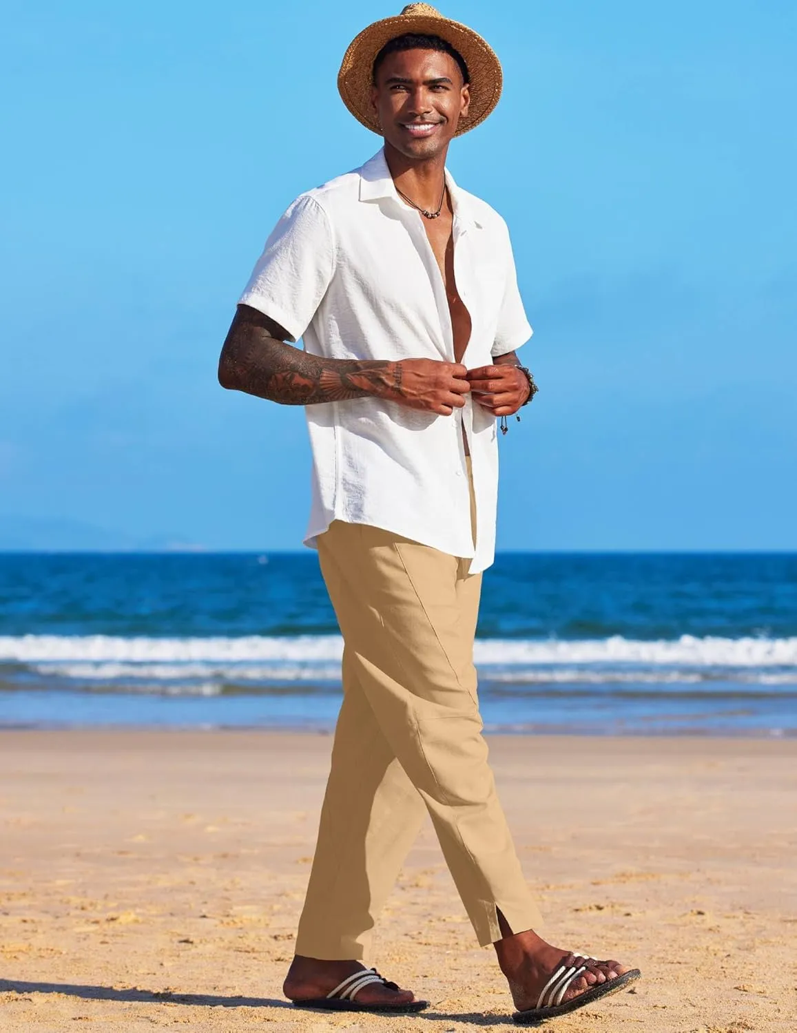 COOFANDY Men's Linen Harem Drawstring Pants Casual Elastic Waist Lightweight Trouser Hippie Summer Beach Yoga Pants