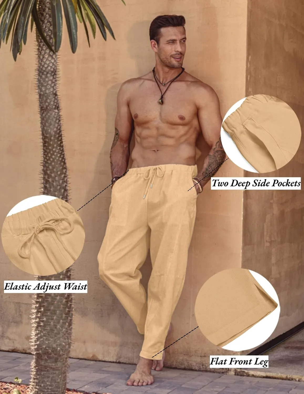 COOFANDY Men's Linen Harem Drawstring Pants Casual Elastic Waist Lightweight Trouser Hippie Summer Beach Yoga Pants