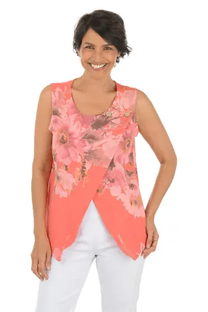 Coral Floral Sleeveless Linen Blouse