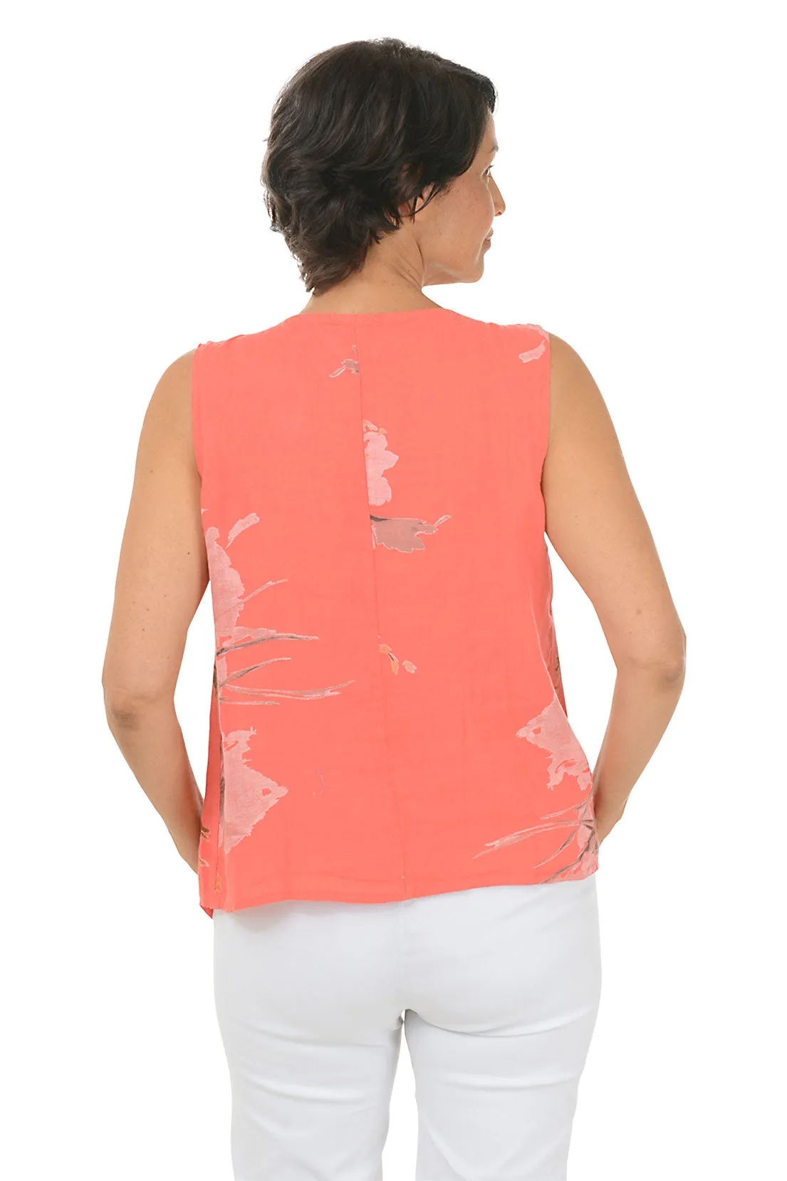 Coral Floral Sleeveless Linen Blouse