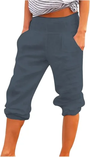 Cotton Linen Capri Pants for Women Lightweight Elastic Waist Baggy Tapered Capris Casual Summer Cropped Trousers 2025