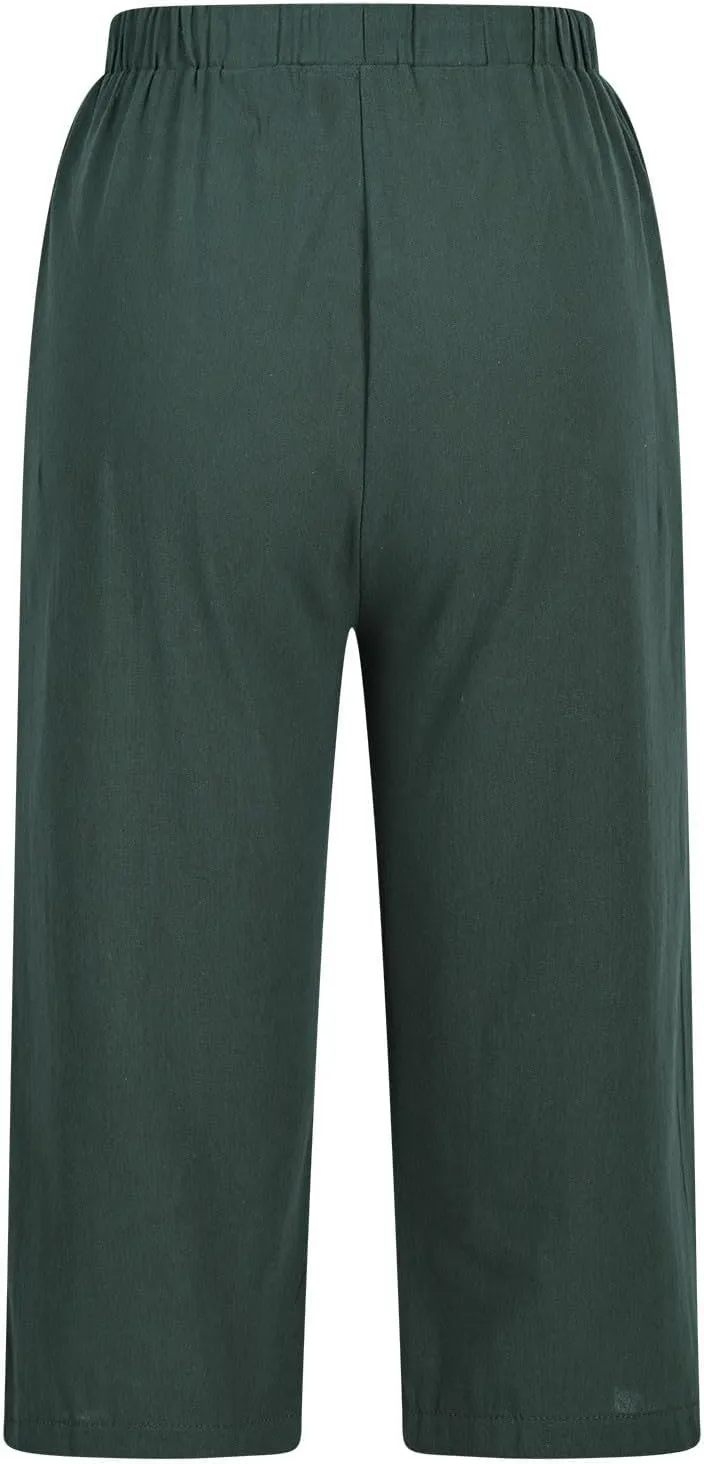 Cotton Linen Capri Wide Leg Pants for Women Casual Summer Straight Palazzo Pant Loose Fit Comfy Beach Cropped Trouser