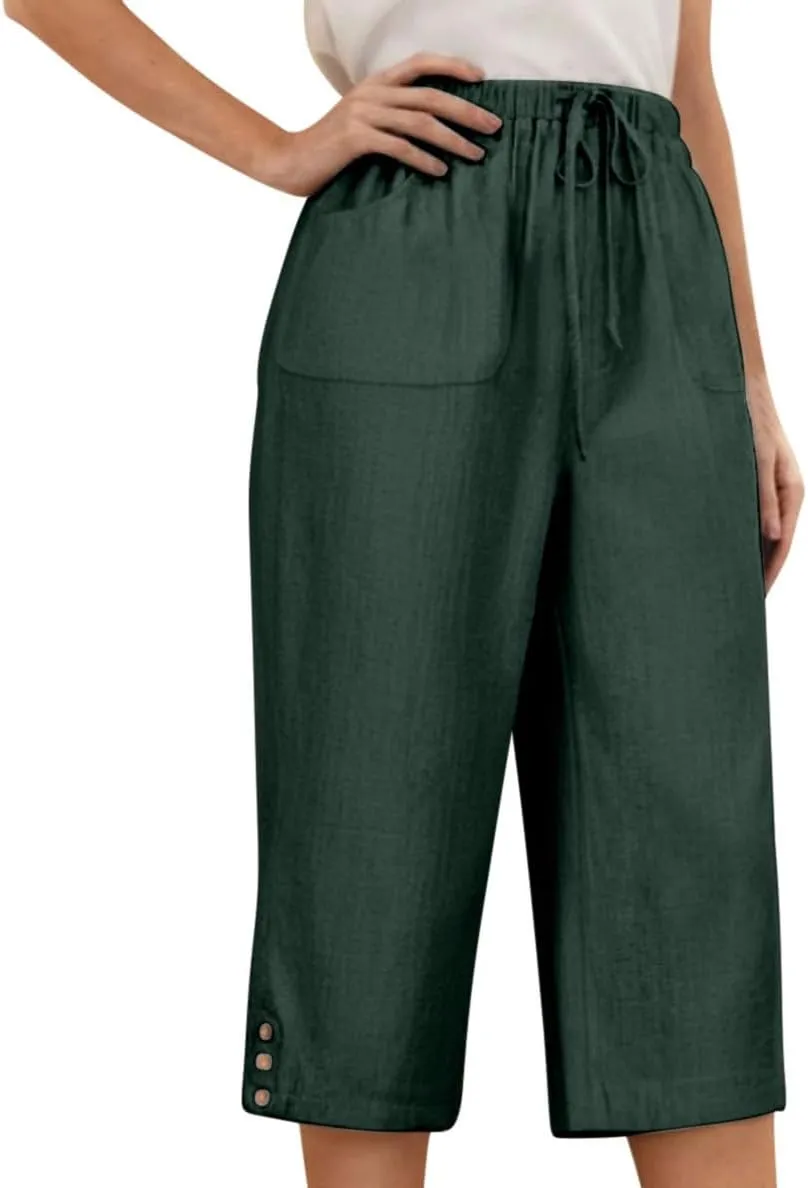 Cotton Linen Capri Wide Leg Pants for Women Casual Summer Straight Palazzo Pant Loose Fit Comfy Beach Cropped Trouser