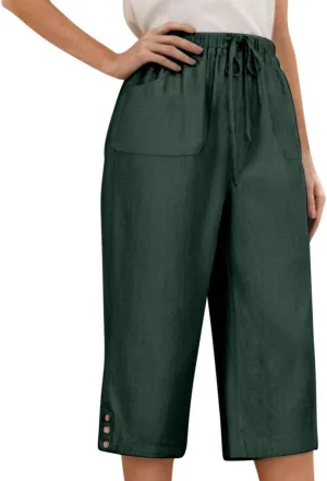 Cotton Linen Capri Wide Leg Pants for Women Casual Summer Straight Palazzo Pant Loose Fit Comfy Beach Cropped Trouser