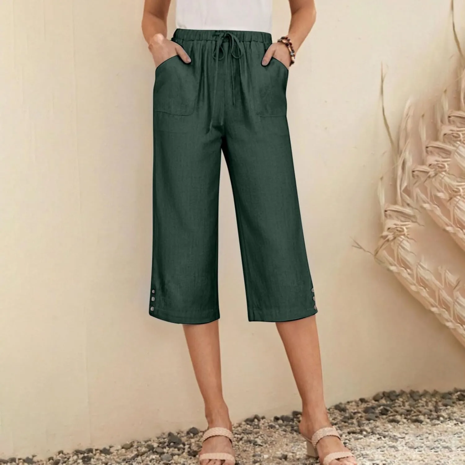 Cotton Linen Capri Wide Leg Pants for Women Casual Summer Straight Palazzo Pant Loose Fit Comfy Beach Cropped Trouser