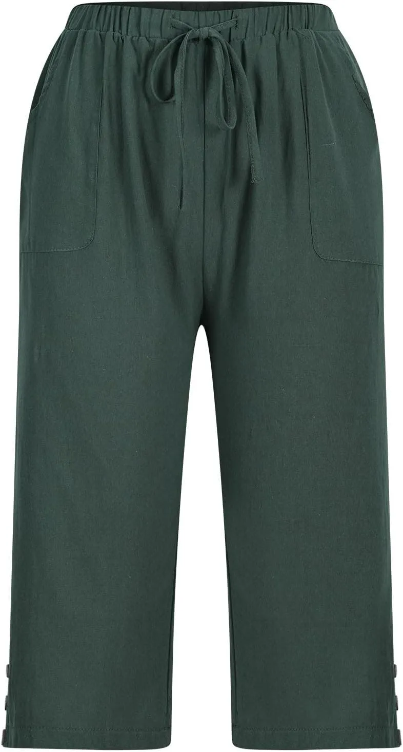 Cotton Linen Capri Wide Leg Pants for Women Casual Summer Straight Palazzo Pant Loose Fit Comfy Beach Cropped Trouser