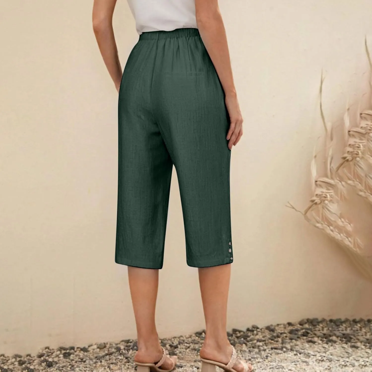 Cotton Linen Capri Wide Leg Pants for Women Casual Summer Straight Palazzo Pant Loose Fit Comfy Beach Cropped Trouser